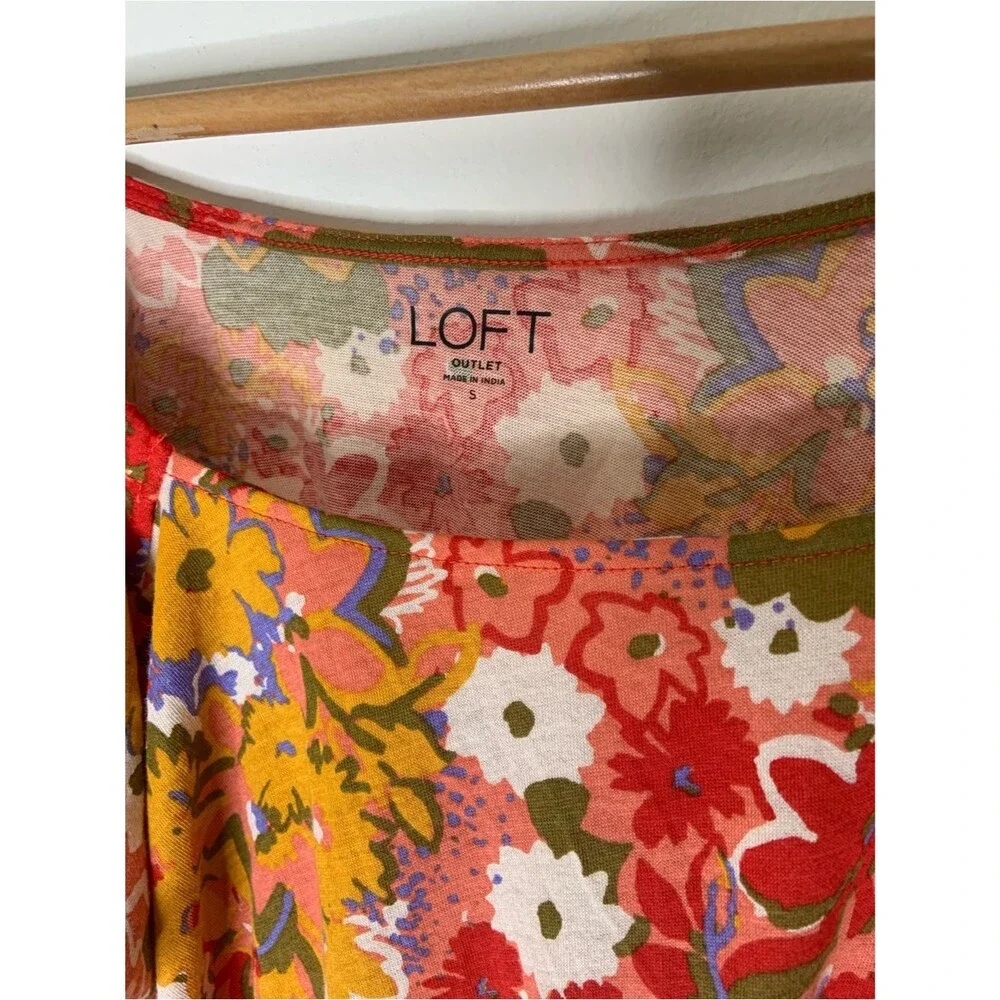 LOFT Red Multi Floral Cotton Puff Sleeve Smocked Waist Blouse S Spring